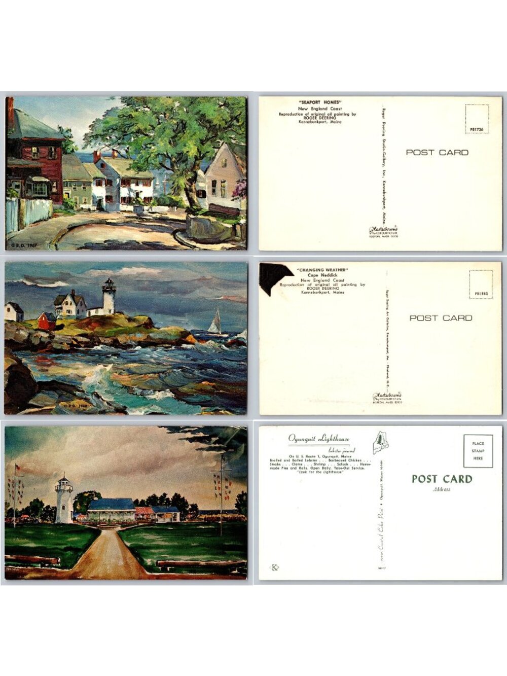 Maine Coast Art Postcard Lot 3 Roger Deering Cape Neddick Ogunquit Lighthouse
